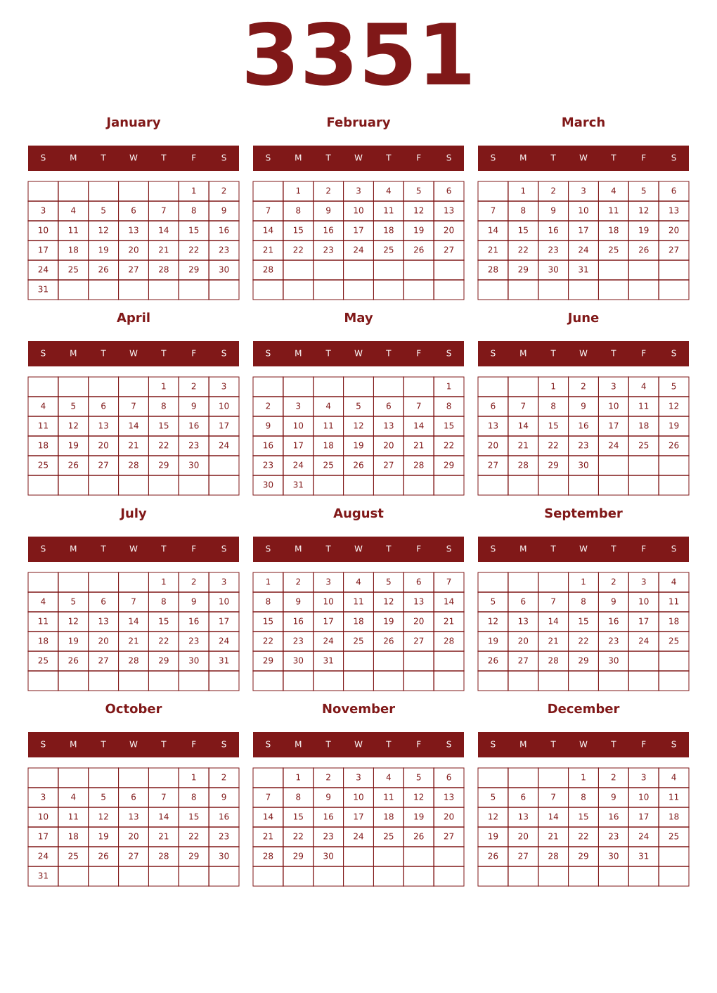 Printable 3351 Year Calendars falu