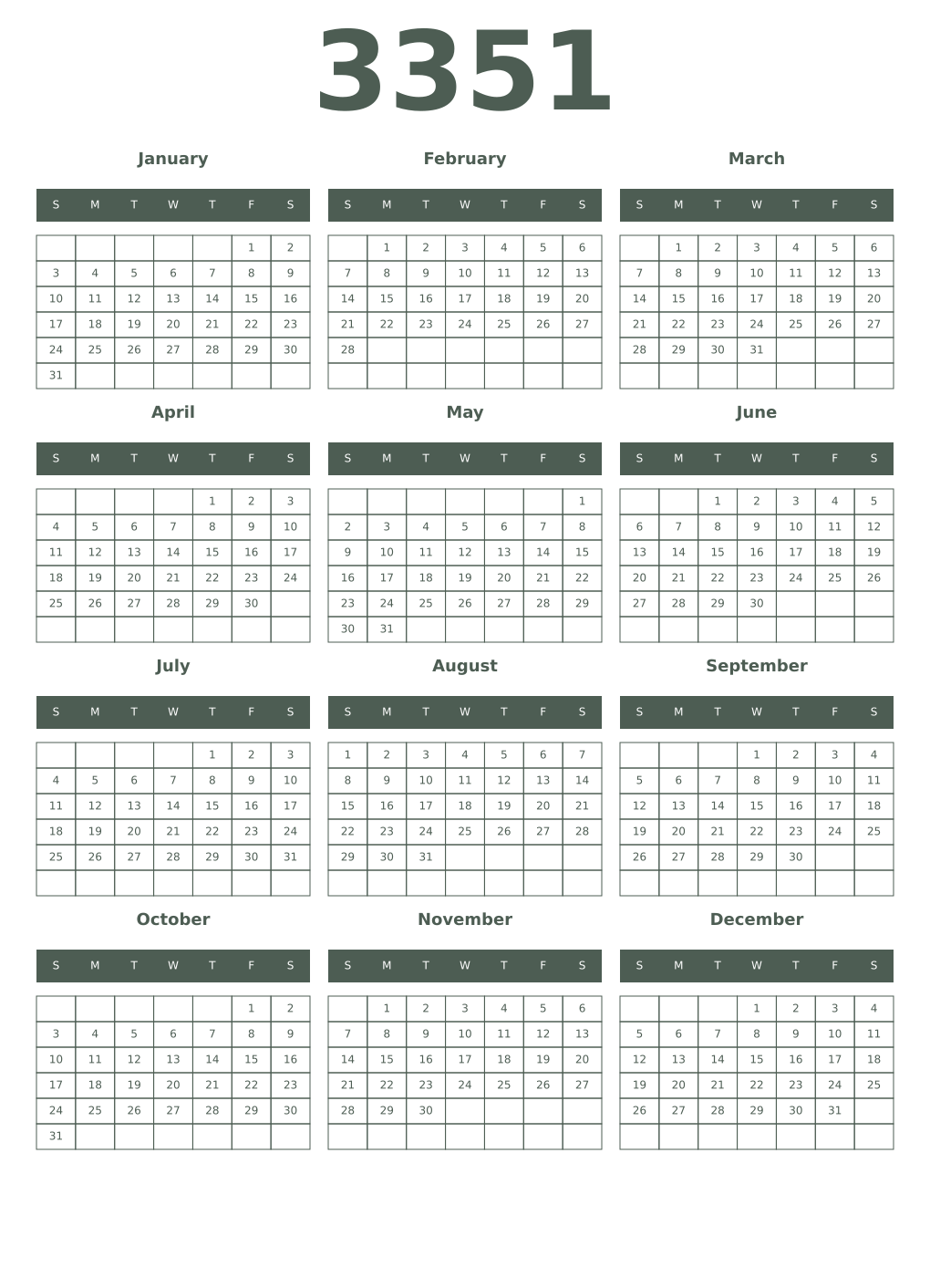Printable 3351 Year Calendars feldgrau