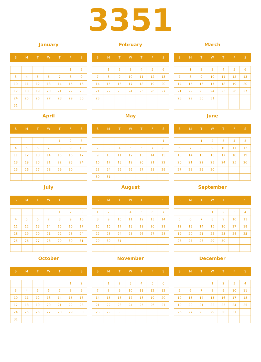 Printable 3351 Year Calendars gamboge