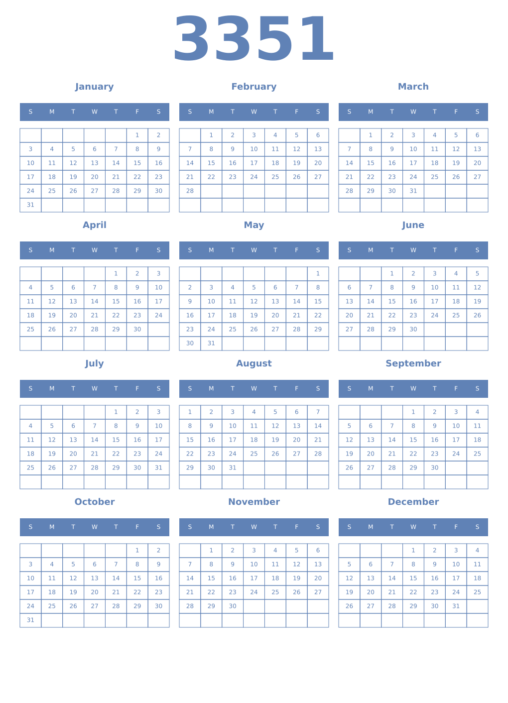 Printable 3351 Year Calendars glaucous