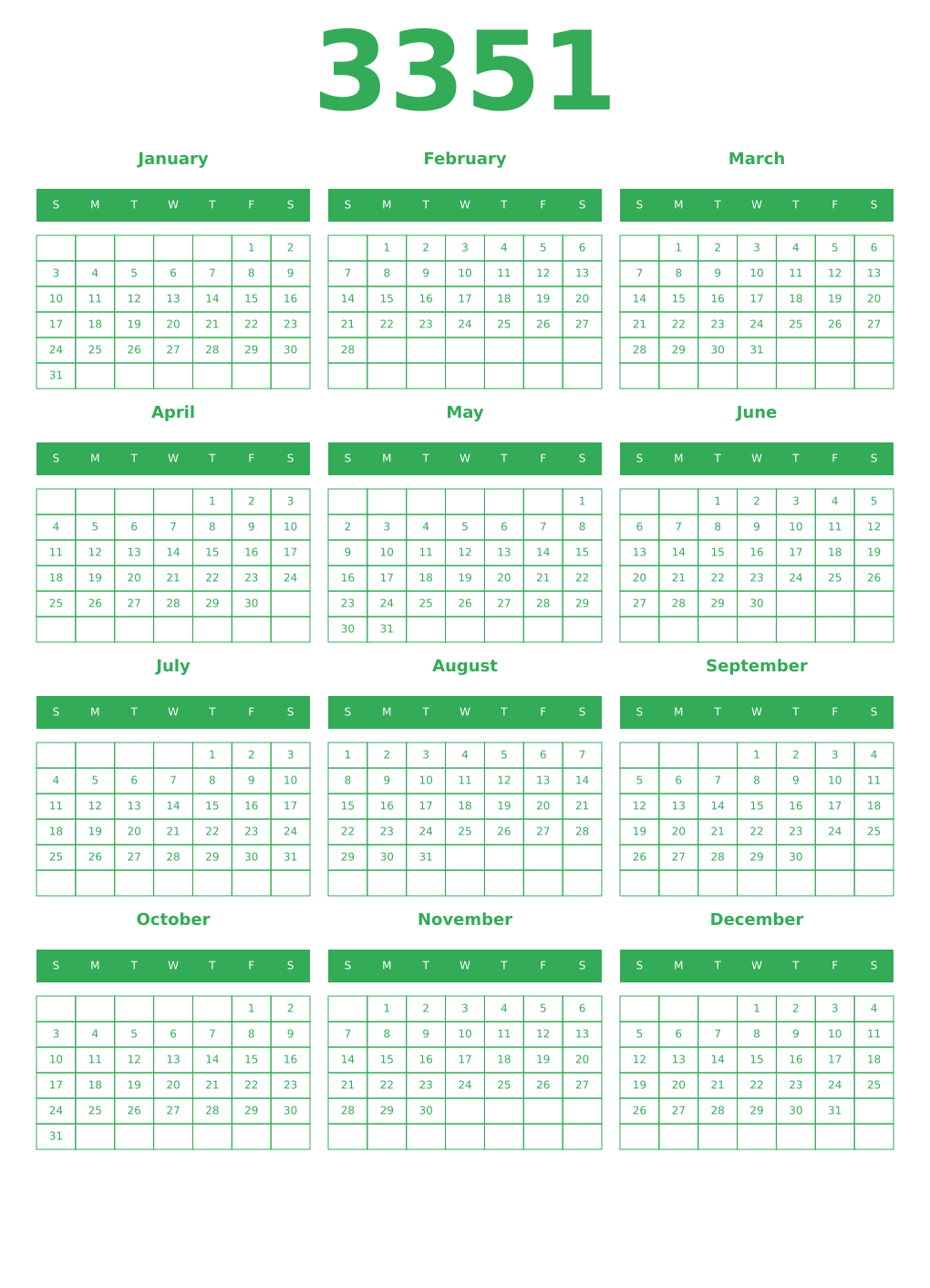 Printable 3351 Year Calendars green