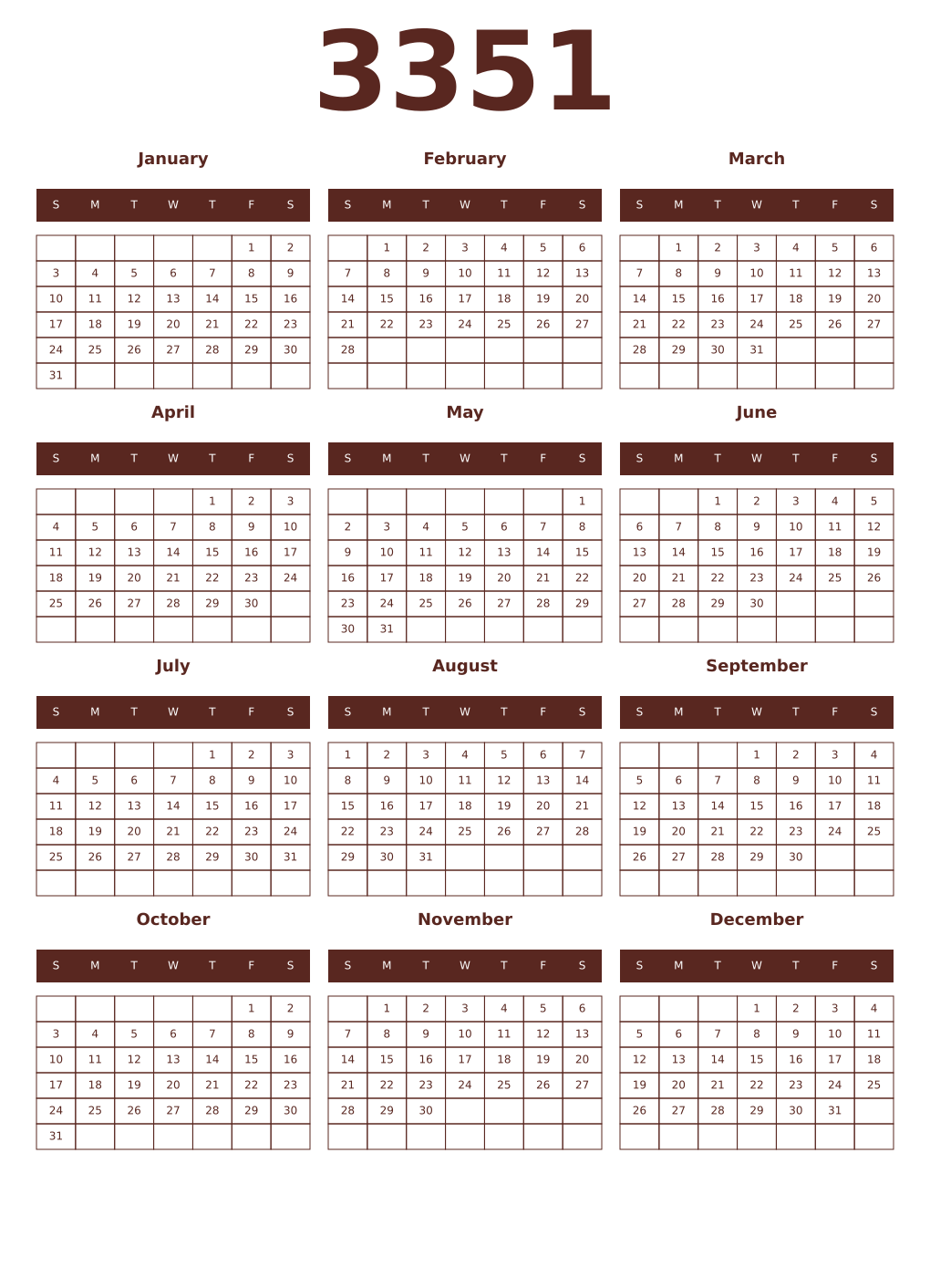 Printable 3351 Year Calendars mortuum