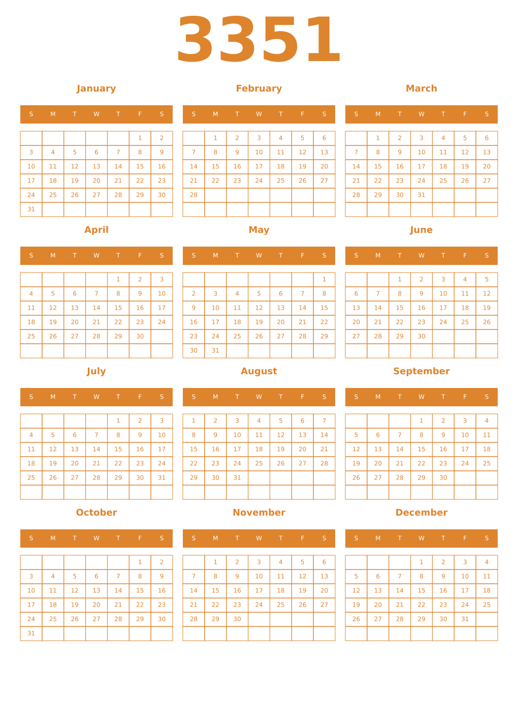 Printable 3351 Year Calendars orange