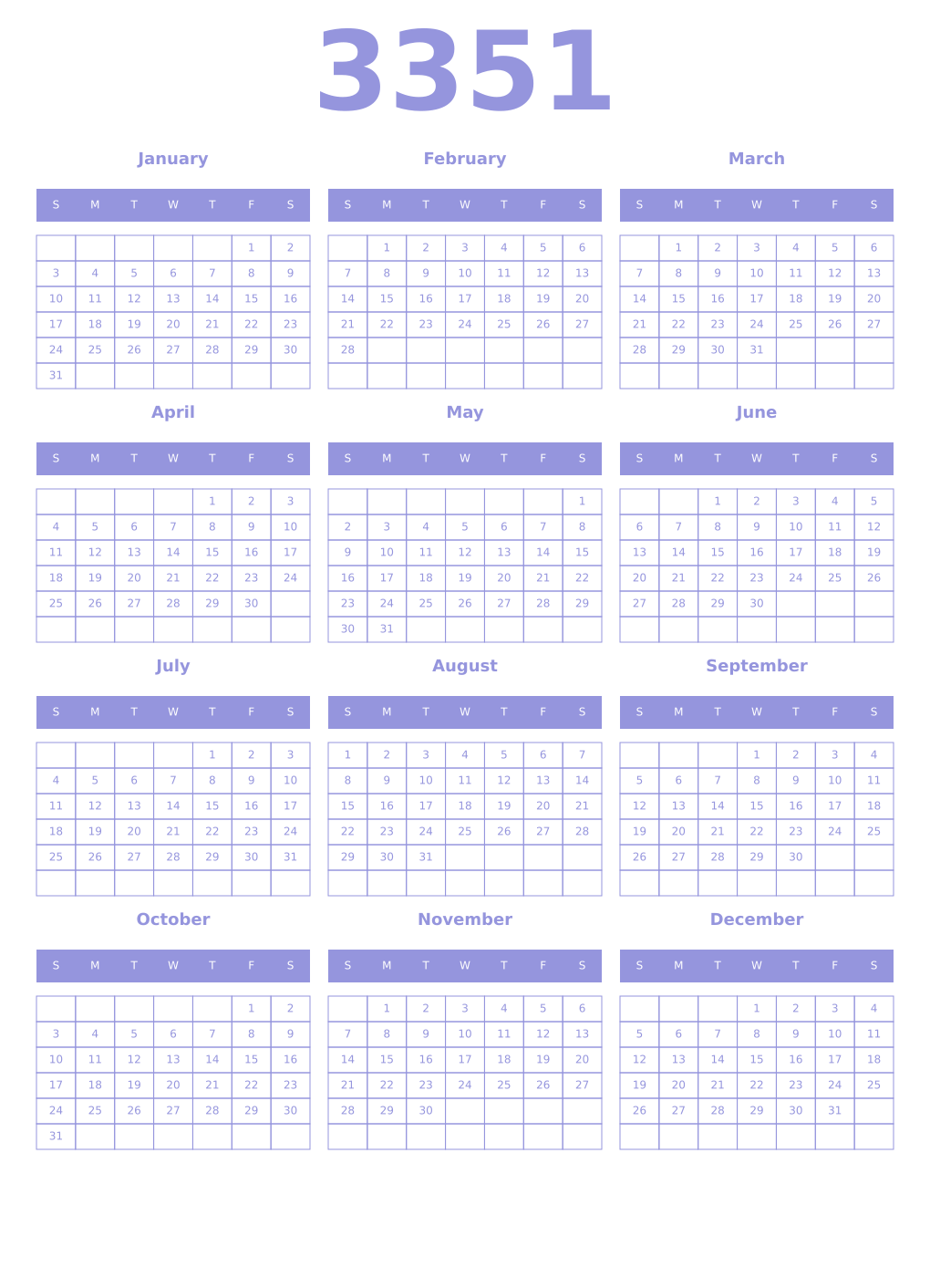 Printable 3351 Year Calendars periwinkle