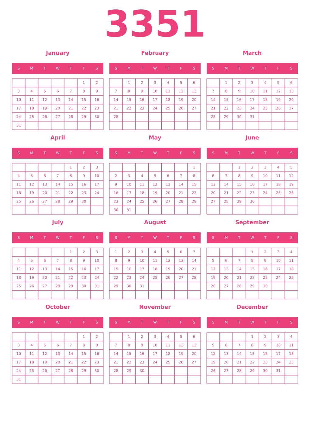 Printable 3351 Year Calendars pink