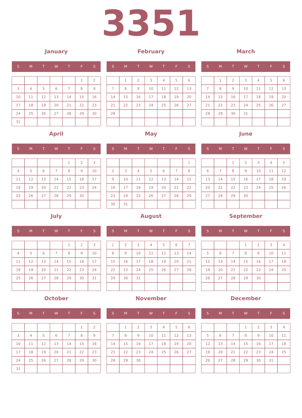 Printable 3351 Year Calendars puce