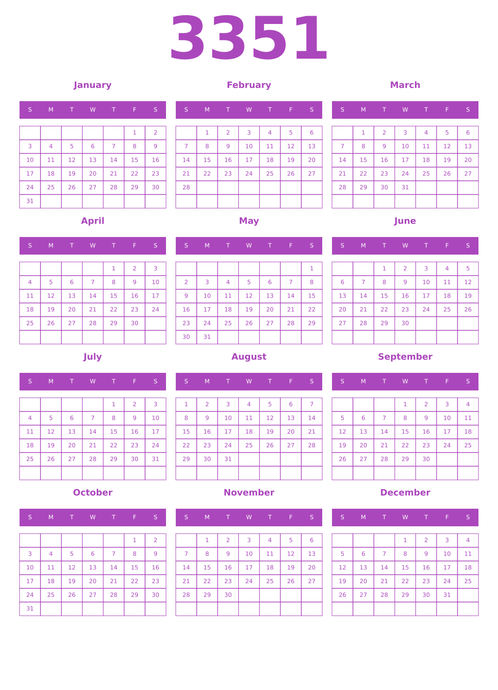 Printable 3351 Year Calendars purple