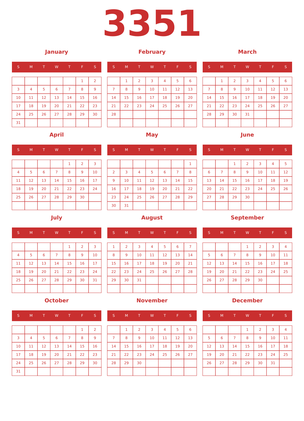 Printable 3351 Year Calendars red