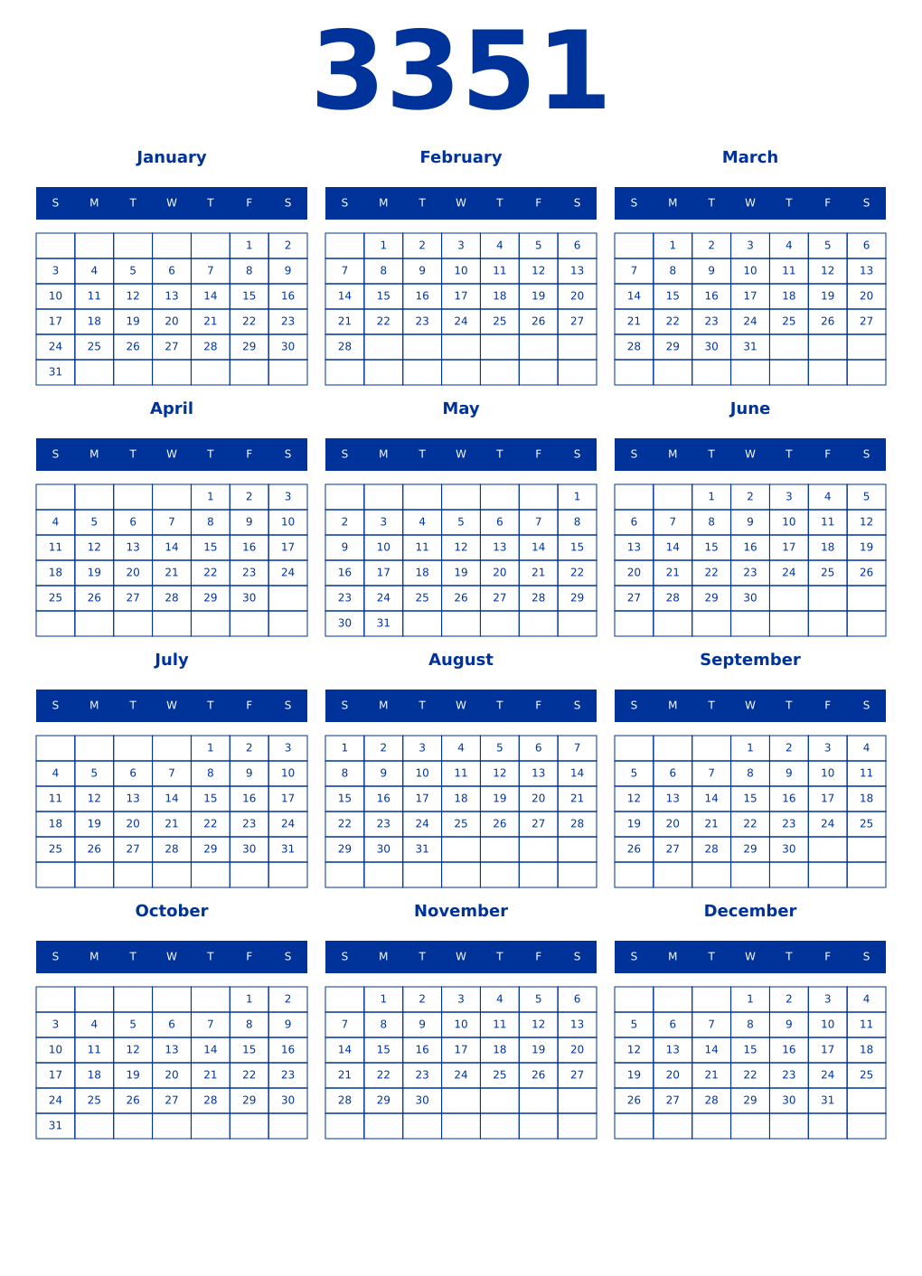 Printable 3351 Year Calendars smalt