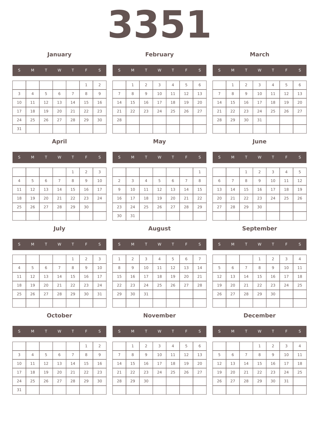 Printable 3351 Year Calendars wenge