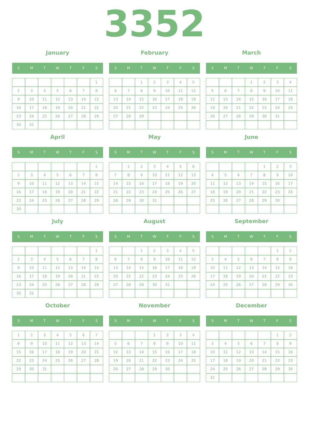 Printable 3352 Year Calendars celadon