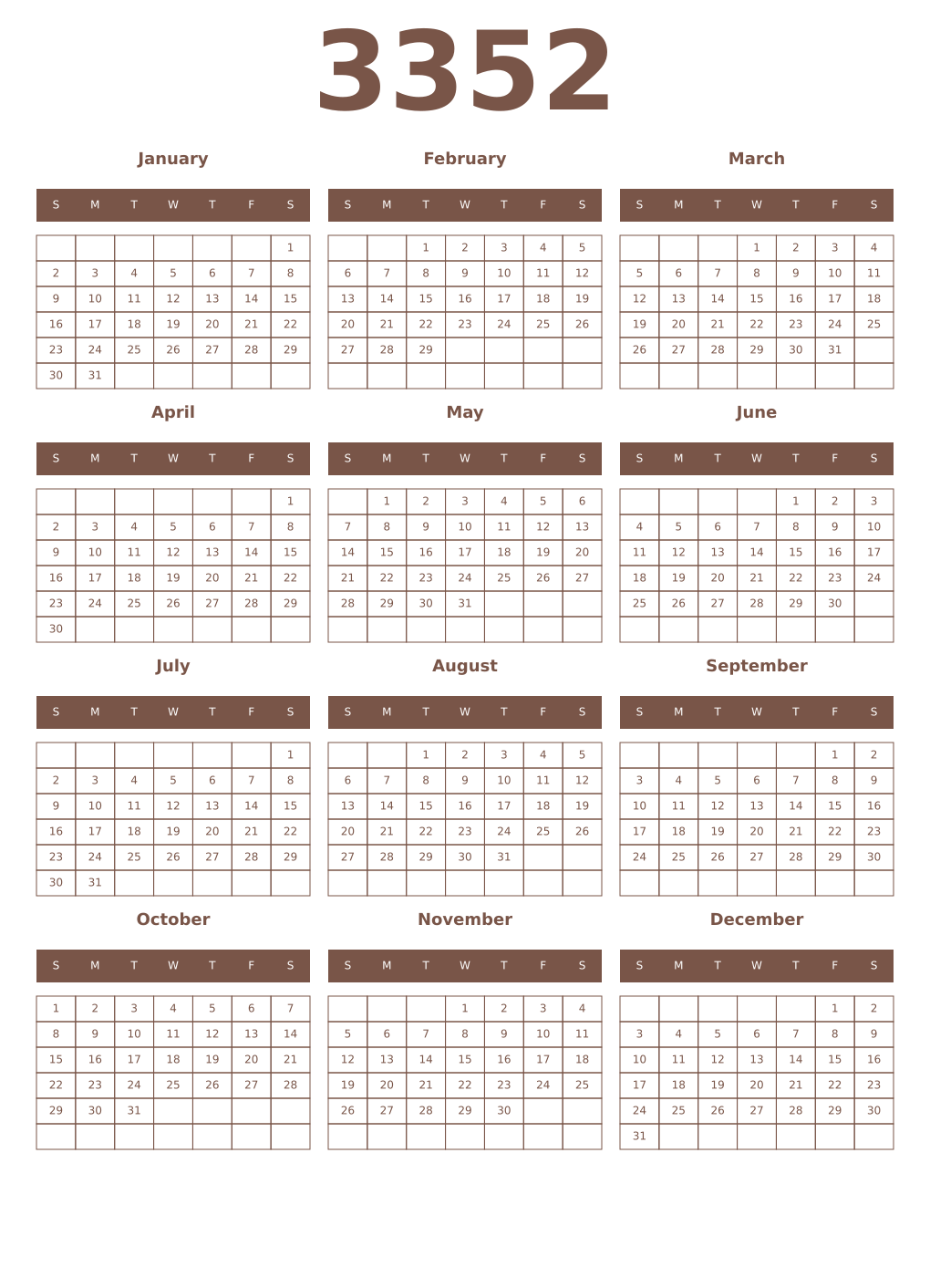 Printable 3352 Year Calendars coffe