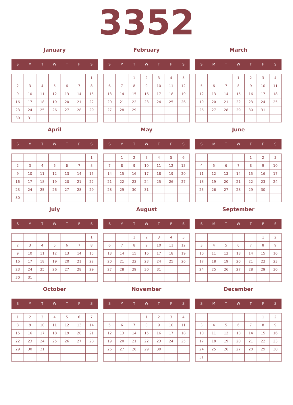 Printable 3352 Year Calendars cordovan