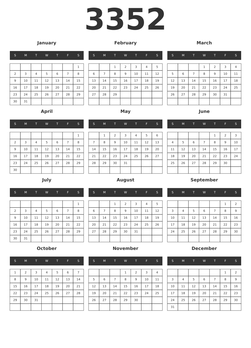 Printable 3352 Year Calendars dark