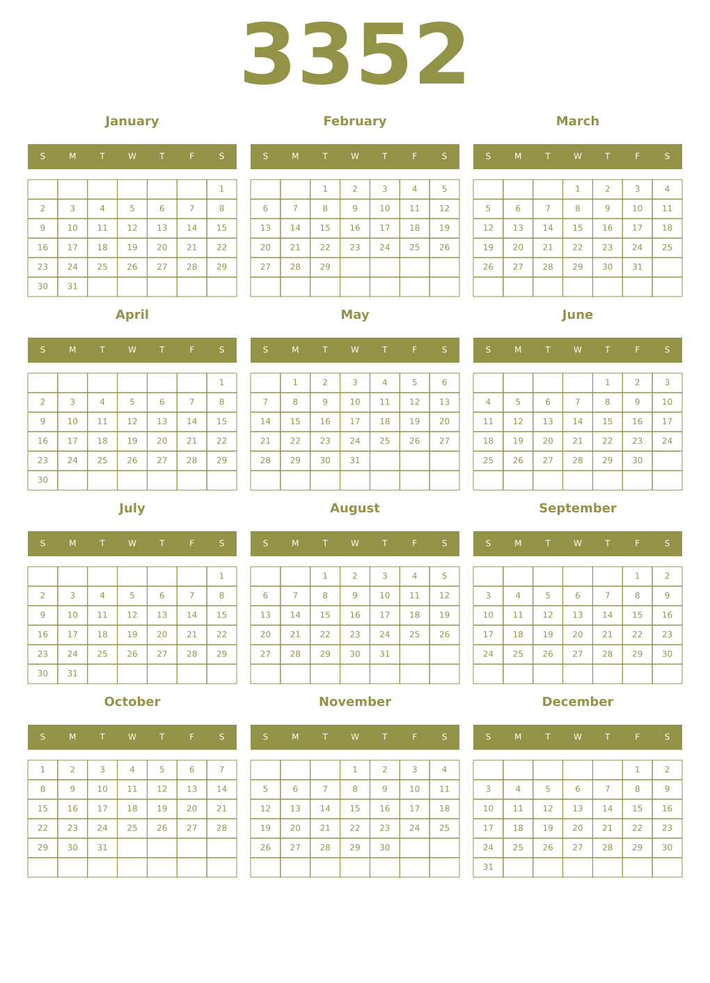 Printable 3352 Year Calendars eburnean