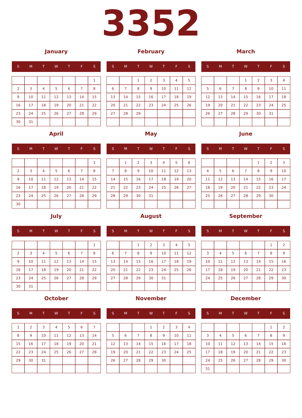 Printable 3352 Year Calendars falu