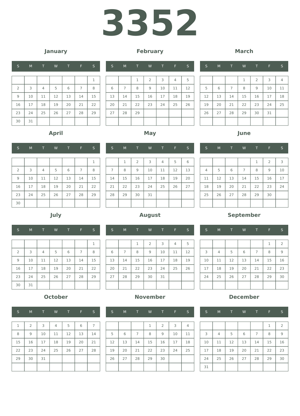 Printable 3352 Year Calendars feldgrau