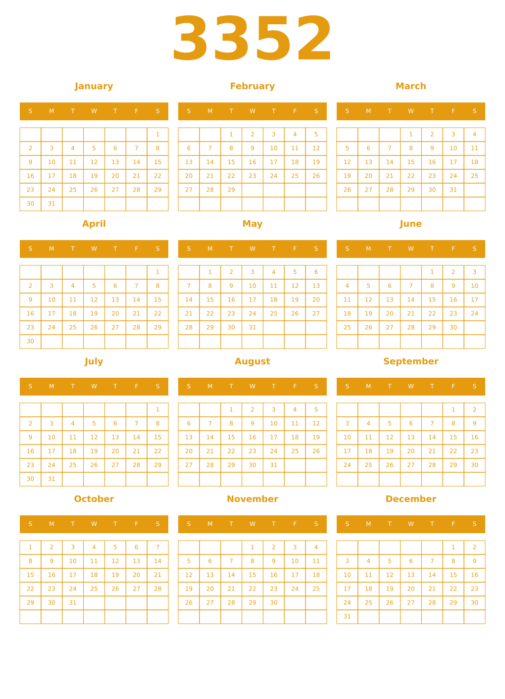 Printable 3352 Year Calendars gamboge