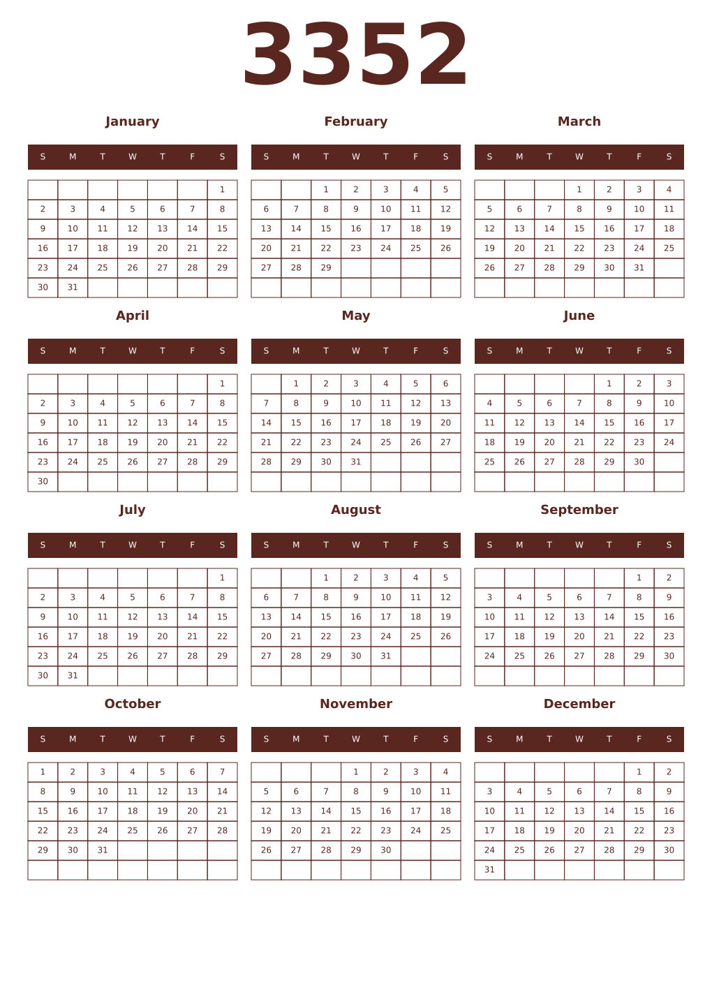 Printable 3352 Year Calendars mortuum