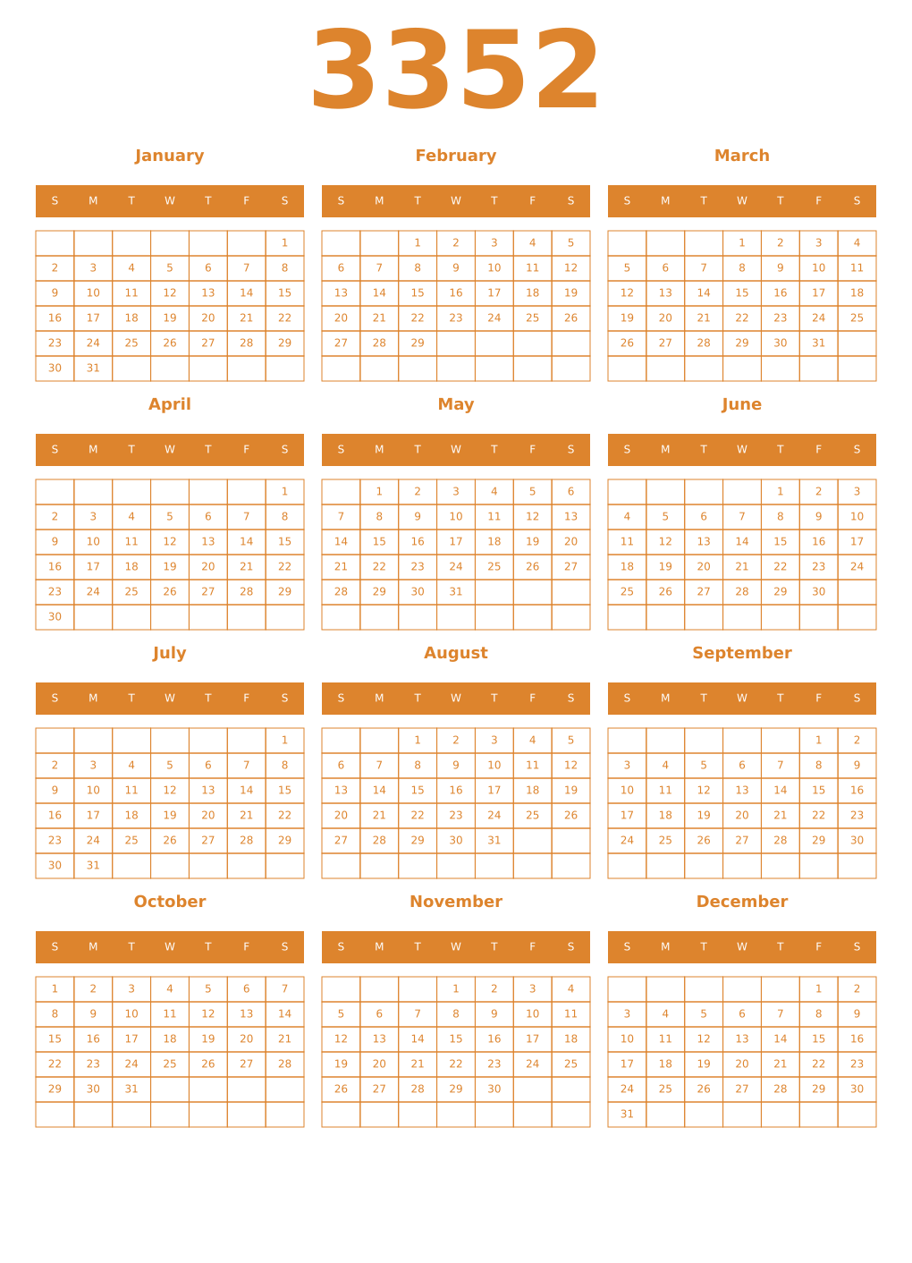 Printable 3352 Year Calendars orange