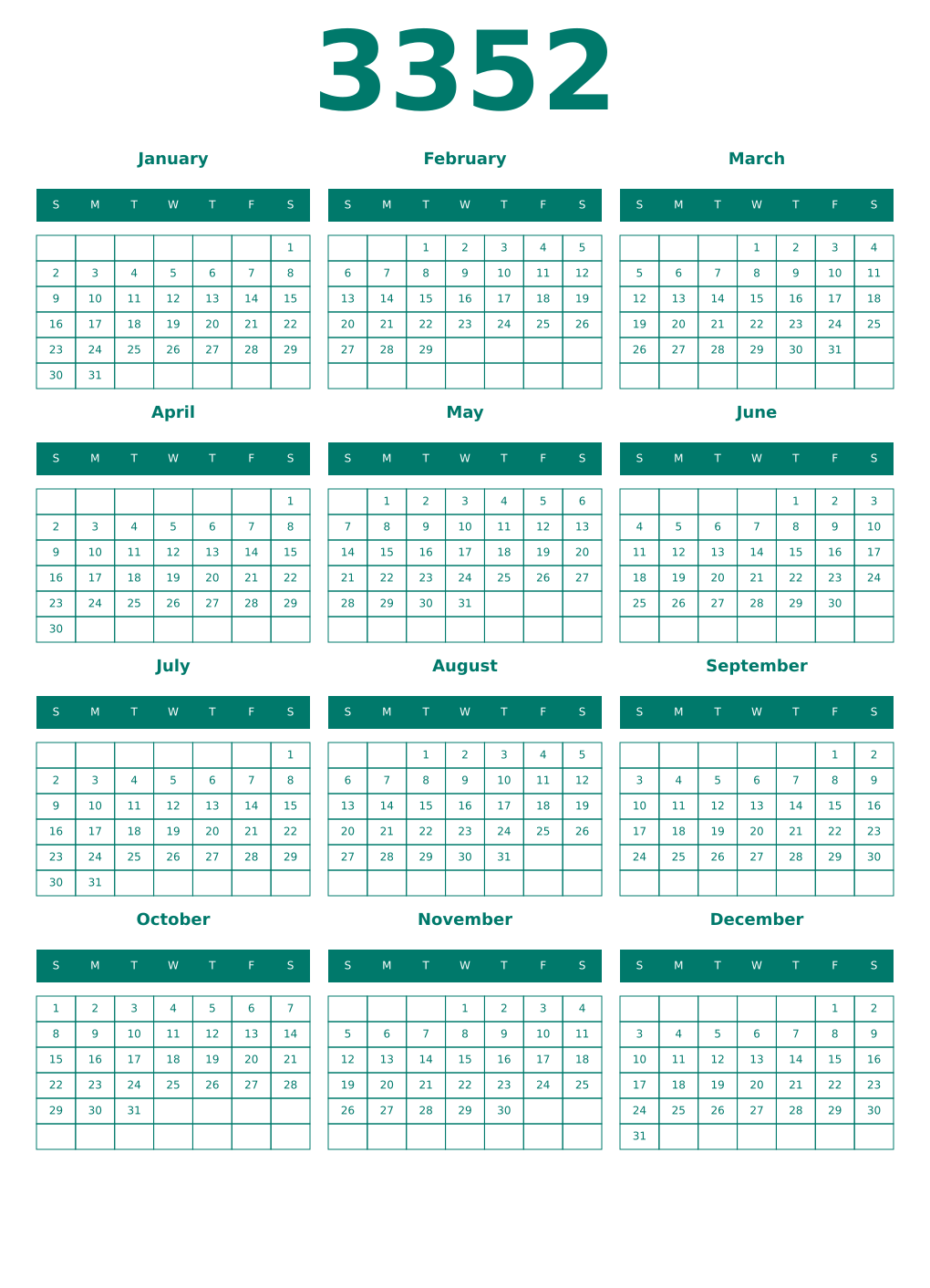 Printable 3352 Year Calendars pastel