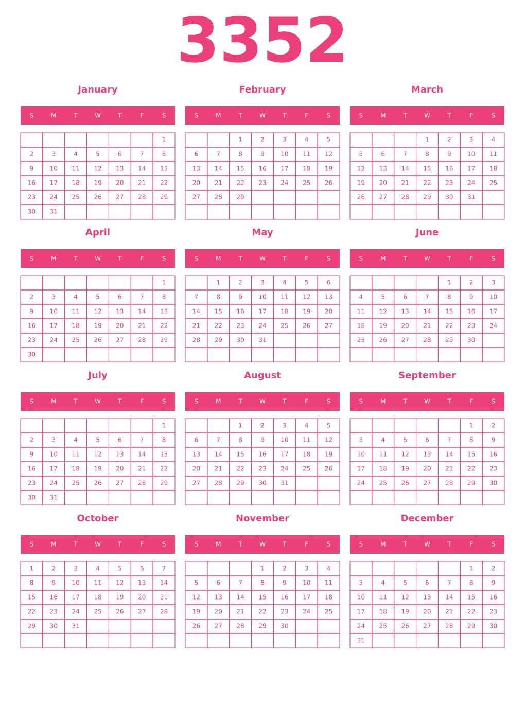 Printable 3352 Year Calendars pink