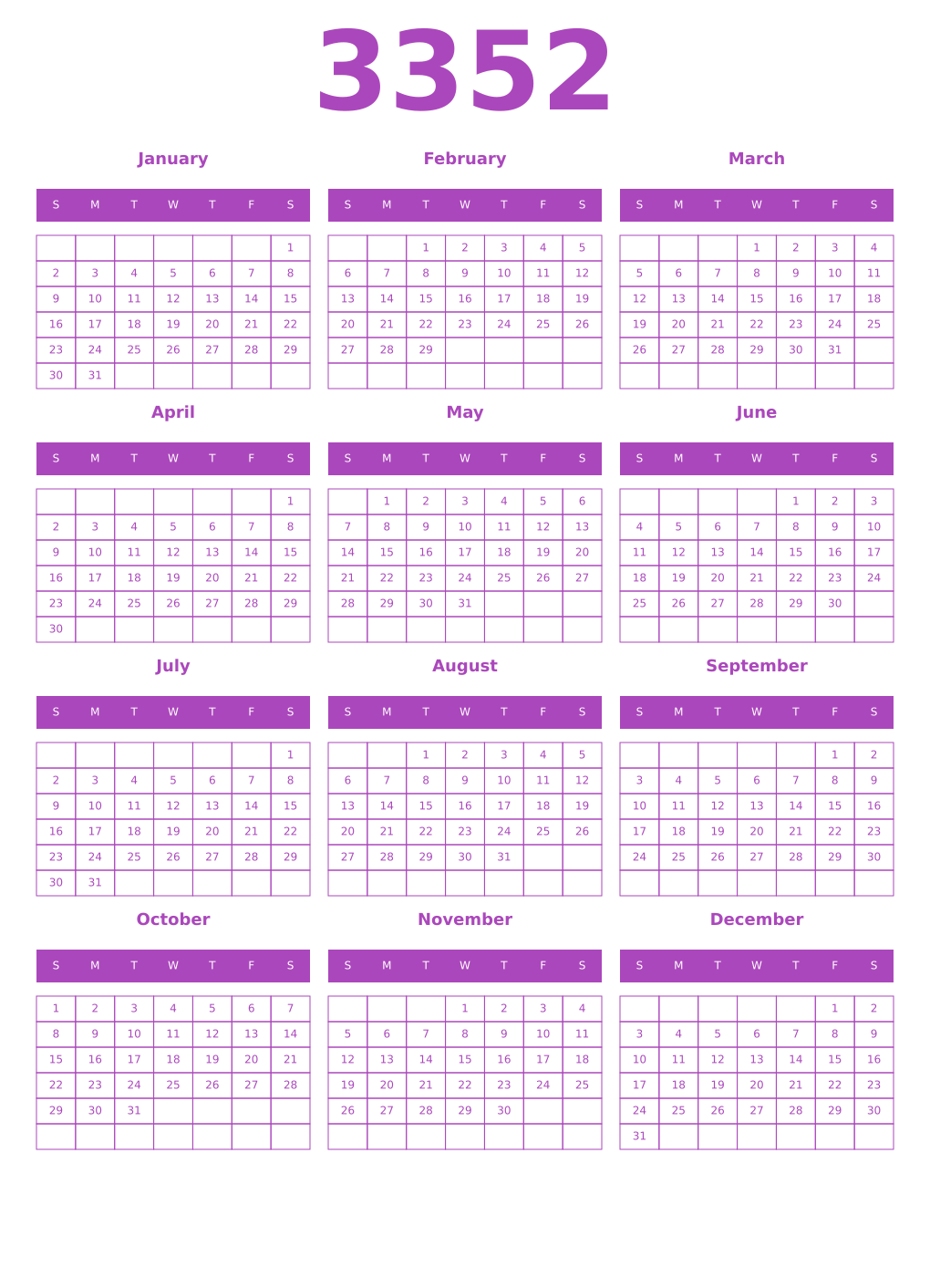 Printable 3352 Year Calendars purple