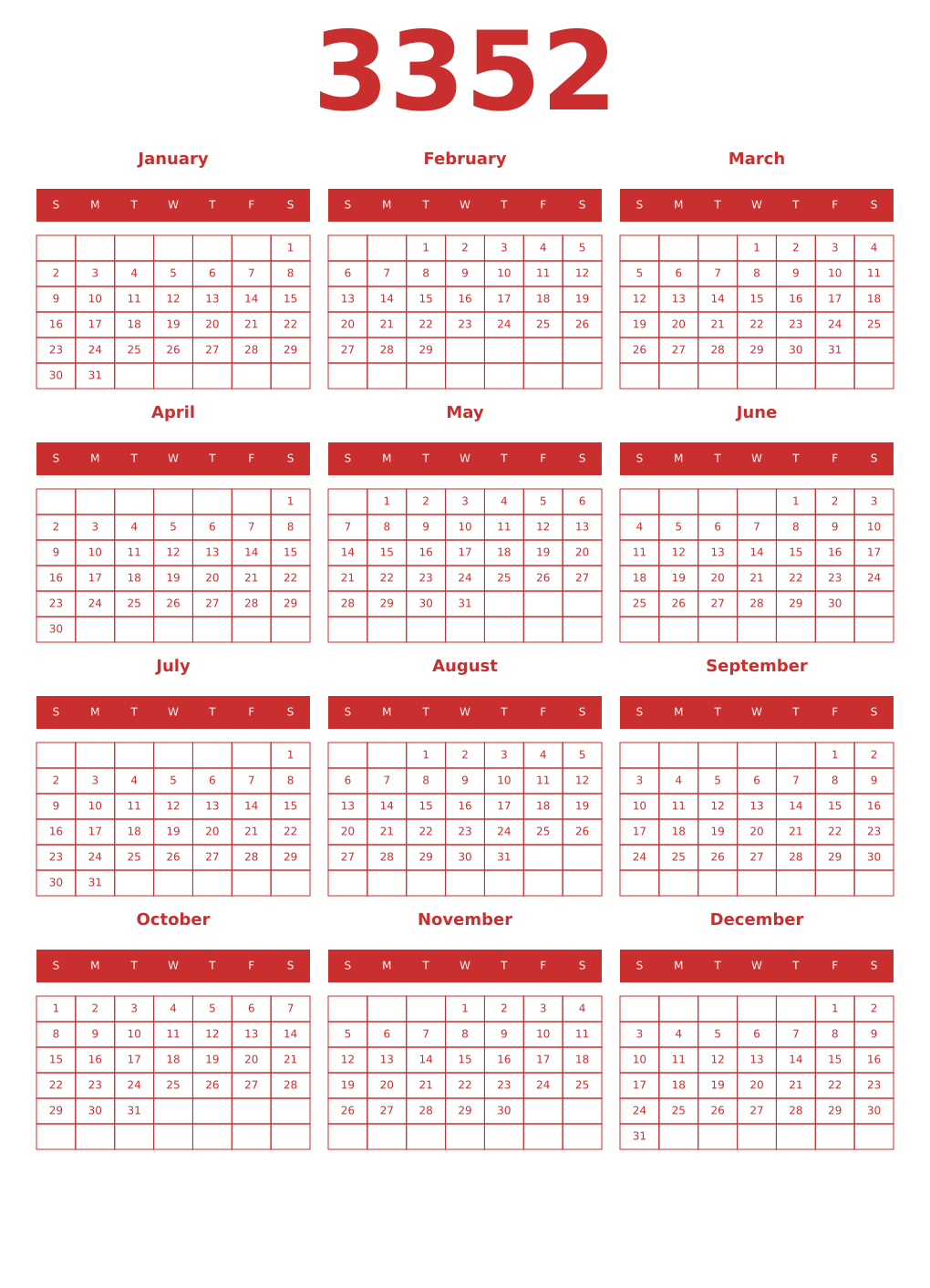 Printable 3352 Year Calendars red