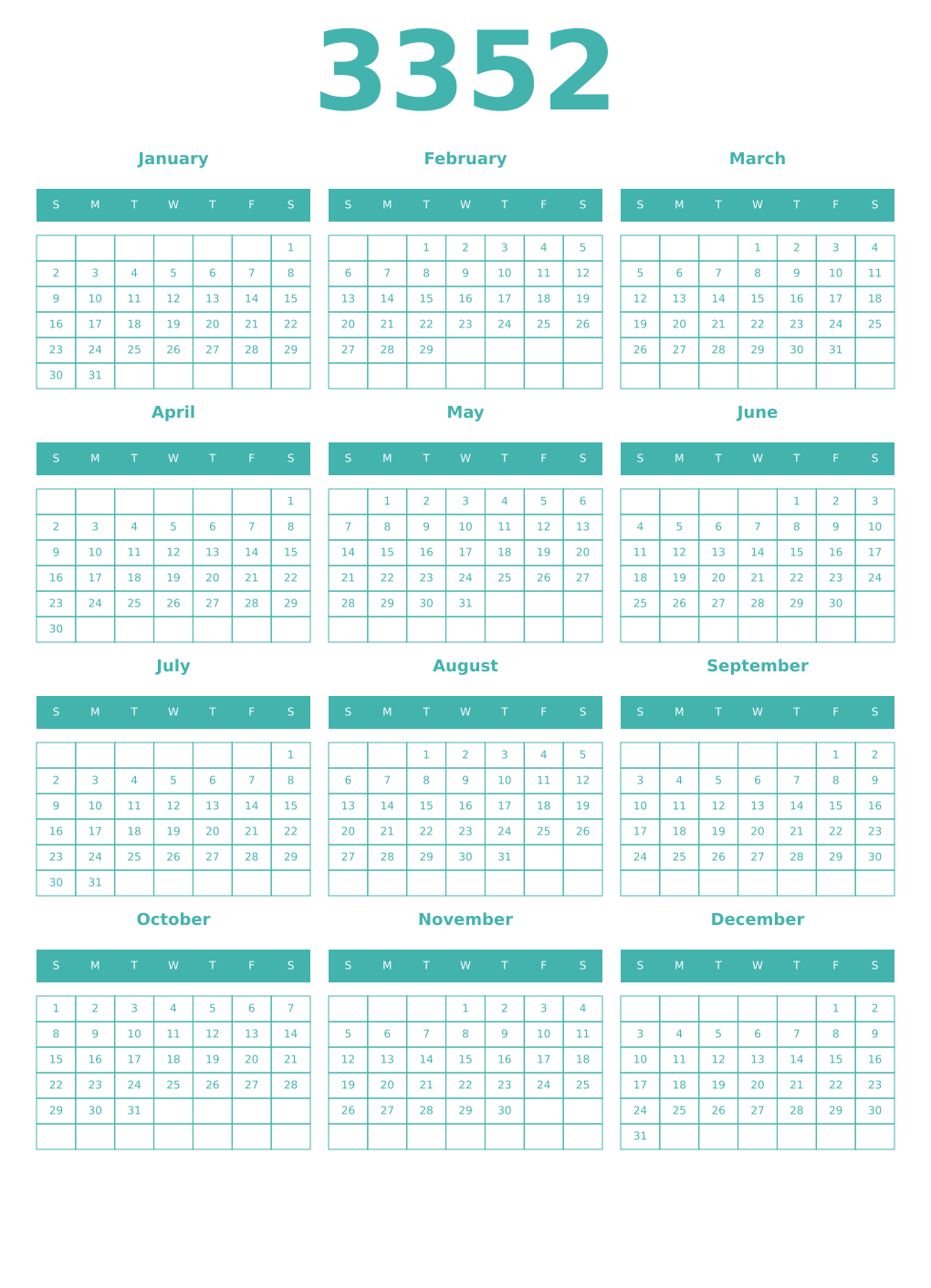 Printable 3352 Year Calendars verdigris