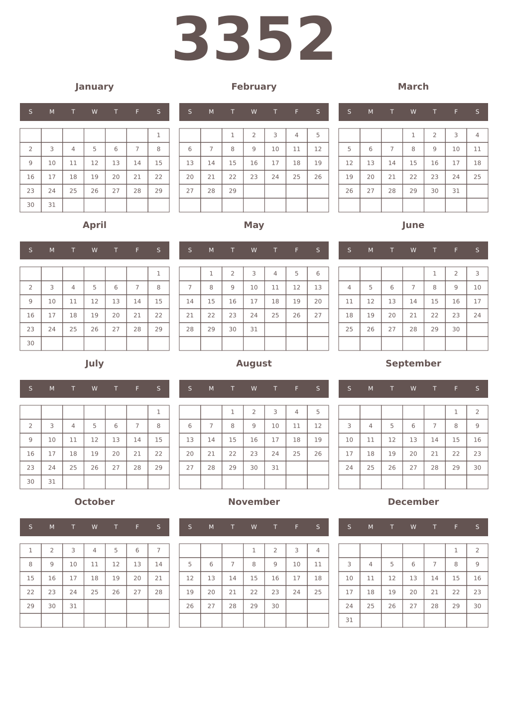 Printable 3352 Year Calendars wenge