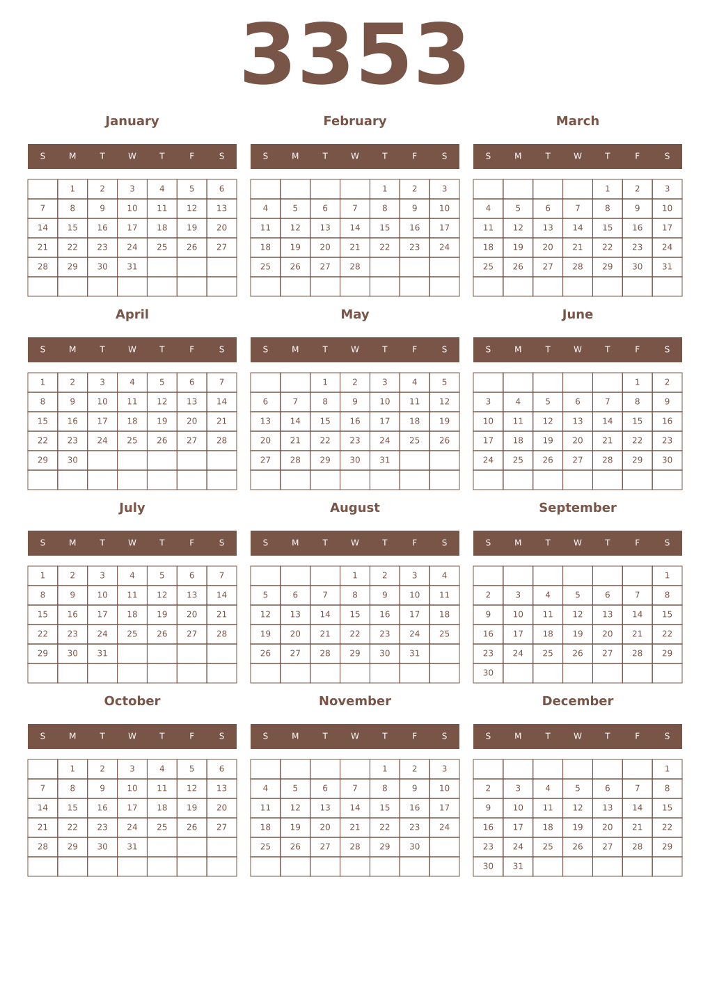Printable 3353 Year Calendars coffe