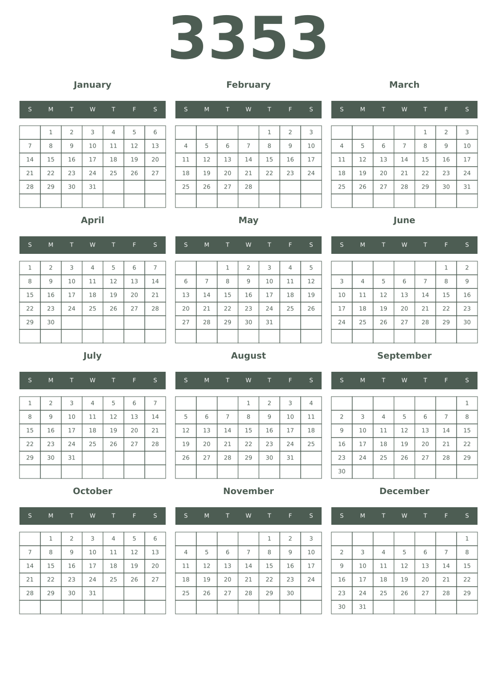 Printable 3353 Year Calendars feldgrau