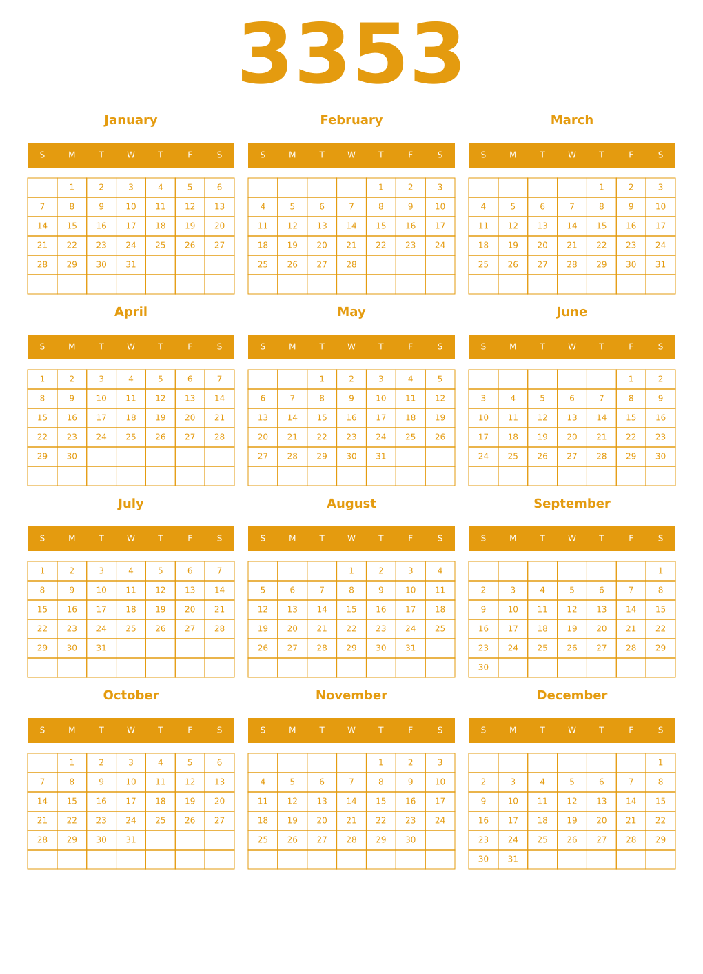 Printable 3353 Year Calendars gamboge