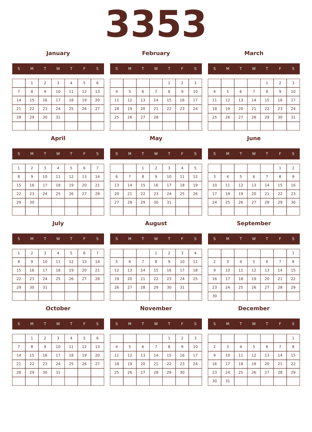 Printable 3353 Year Calendars mortuum