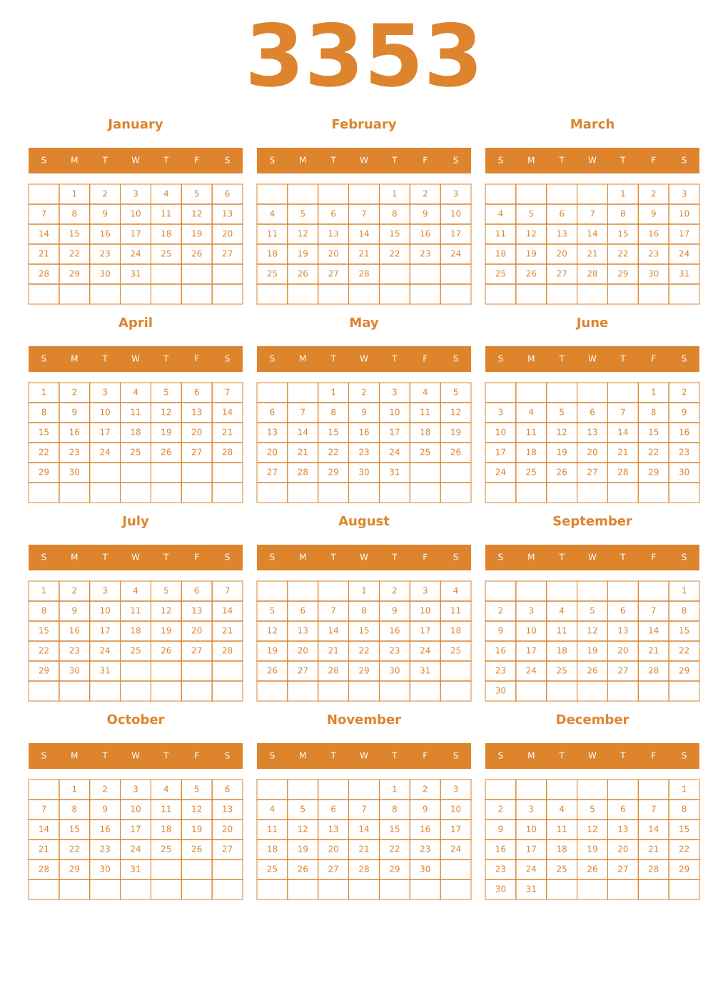 Printable 3353 Year Calendars orange