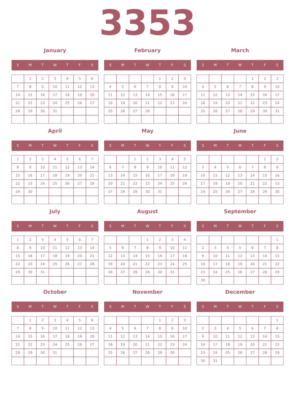 Printable 3353 Year Calendars puce