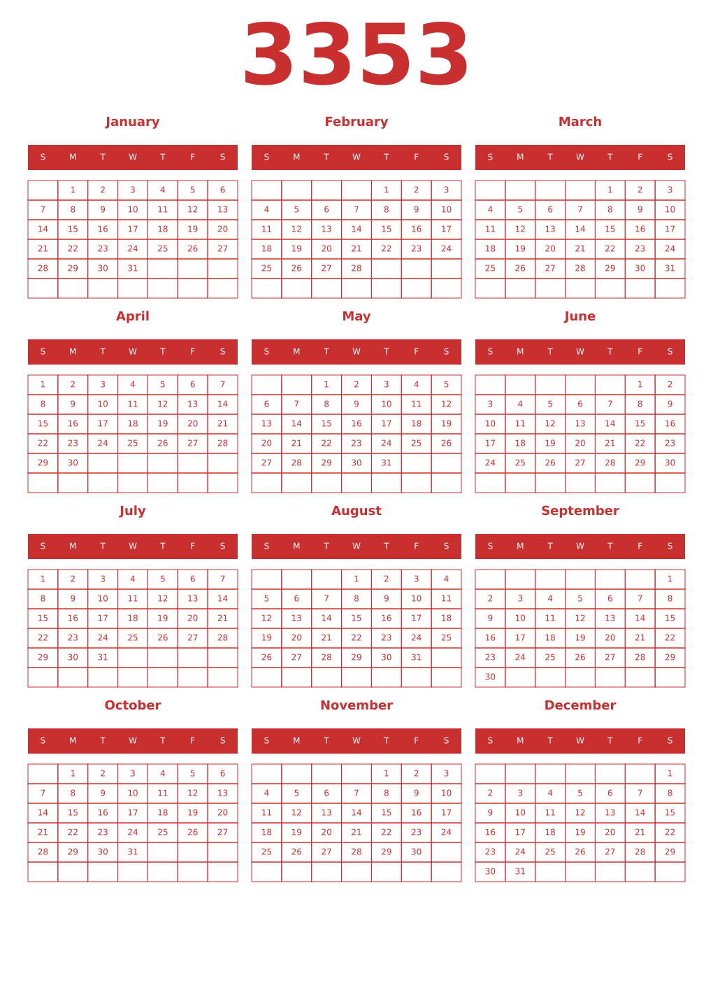 Printable 3353 Year Calendars red
