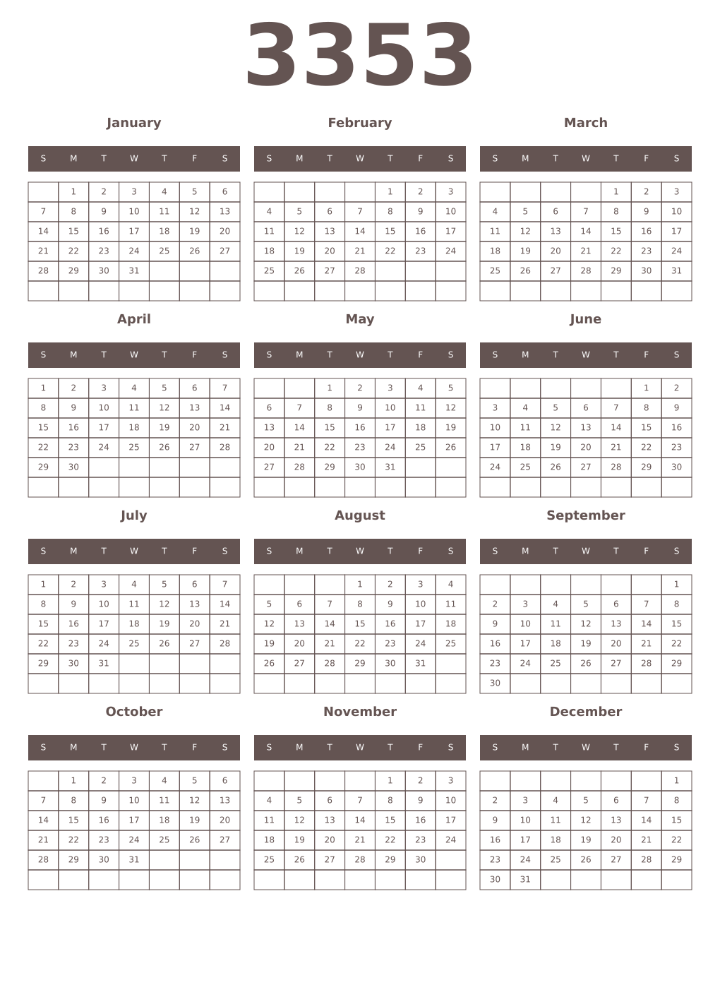 Printable 3353 Year Calendars wenge