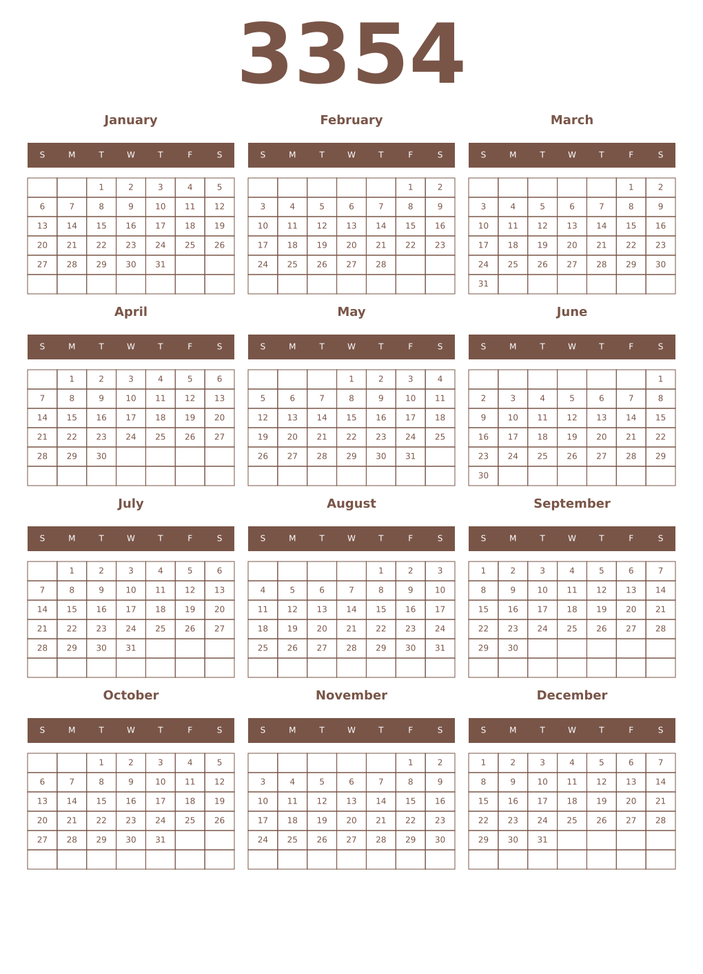 Printable 3354 Year Calendars coffe