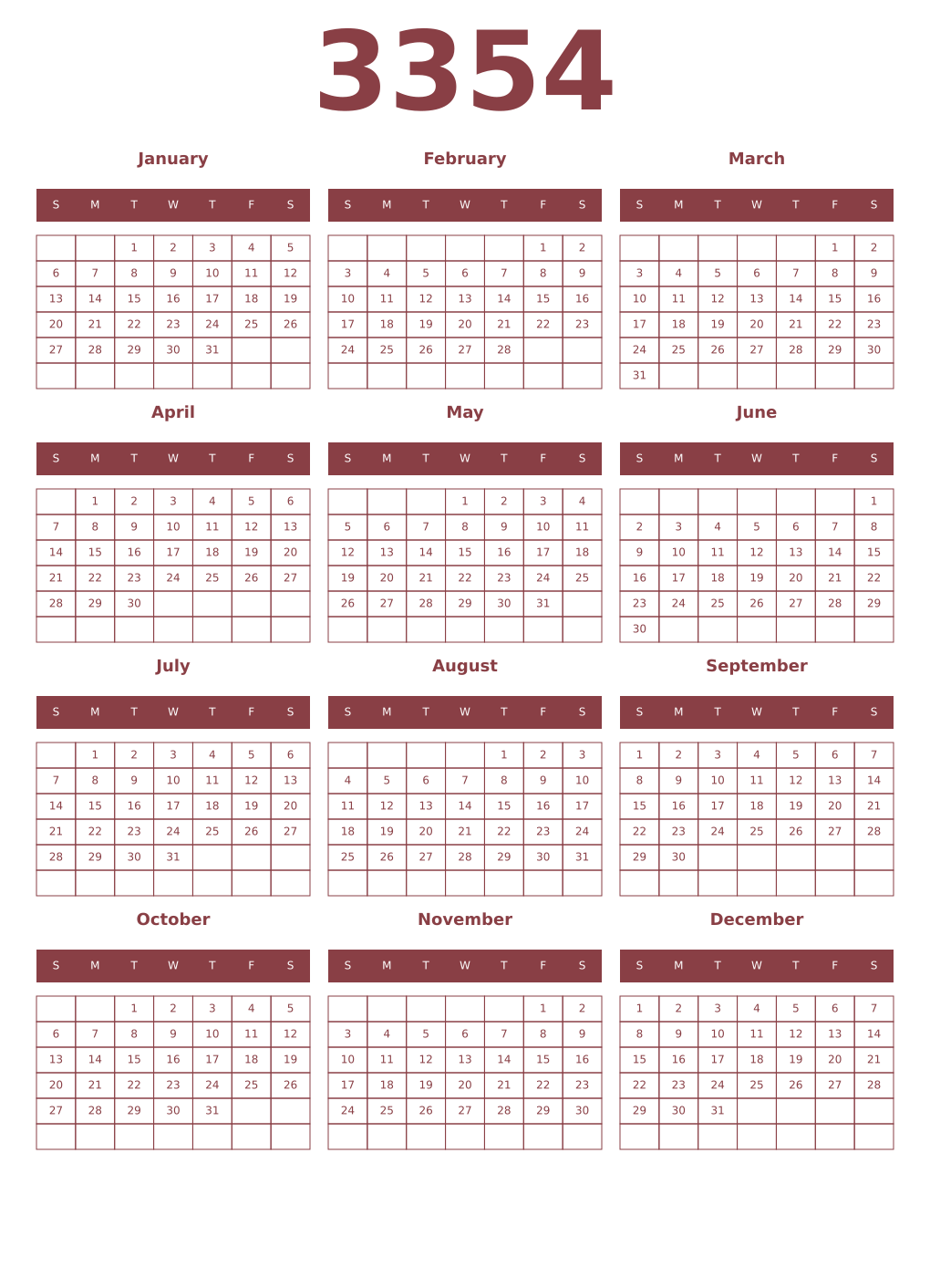 Printable 3354 Year Calendars cordovan