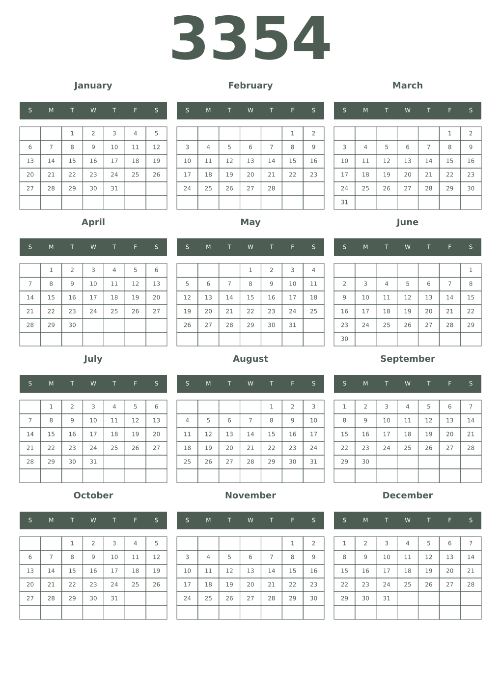 Printable 3354 Year Calendars feldgrau