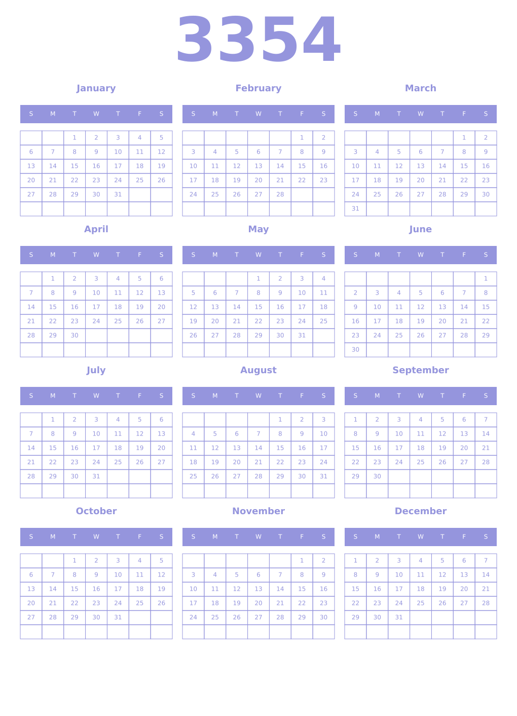 Printable 3354 Year Calendars periwinkle