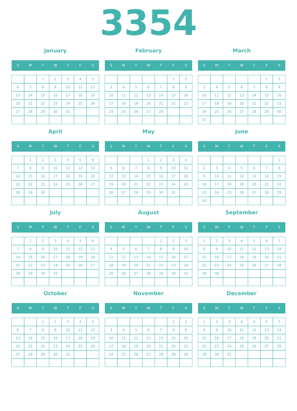 Printable 3354 Year Calendars verdigris