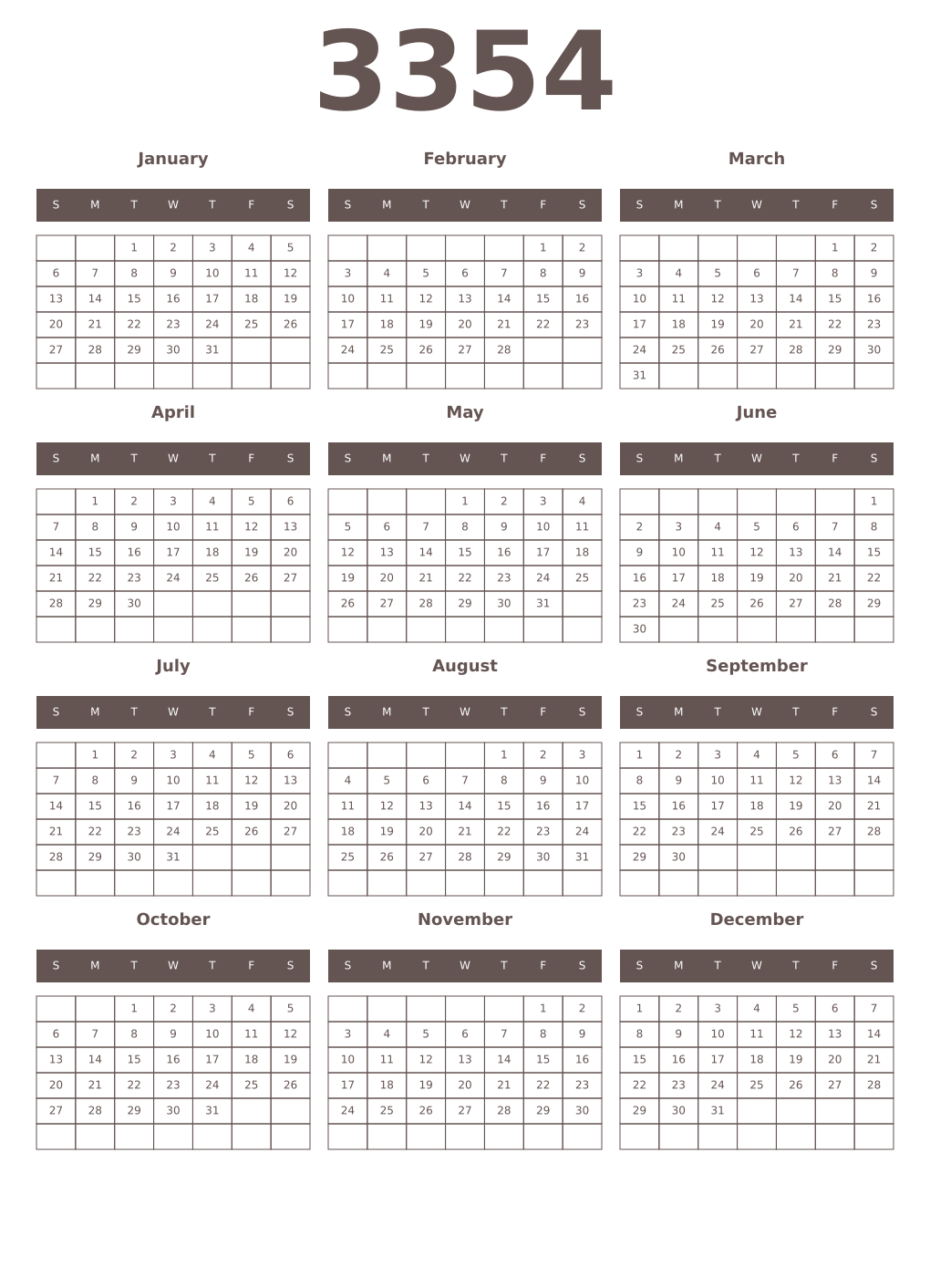 Printable 3354 Year Calendars wenge