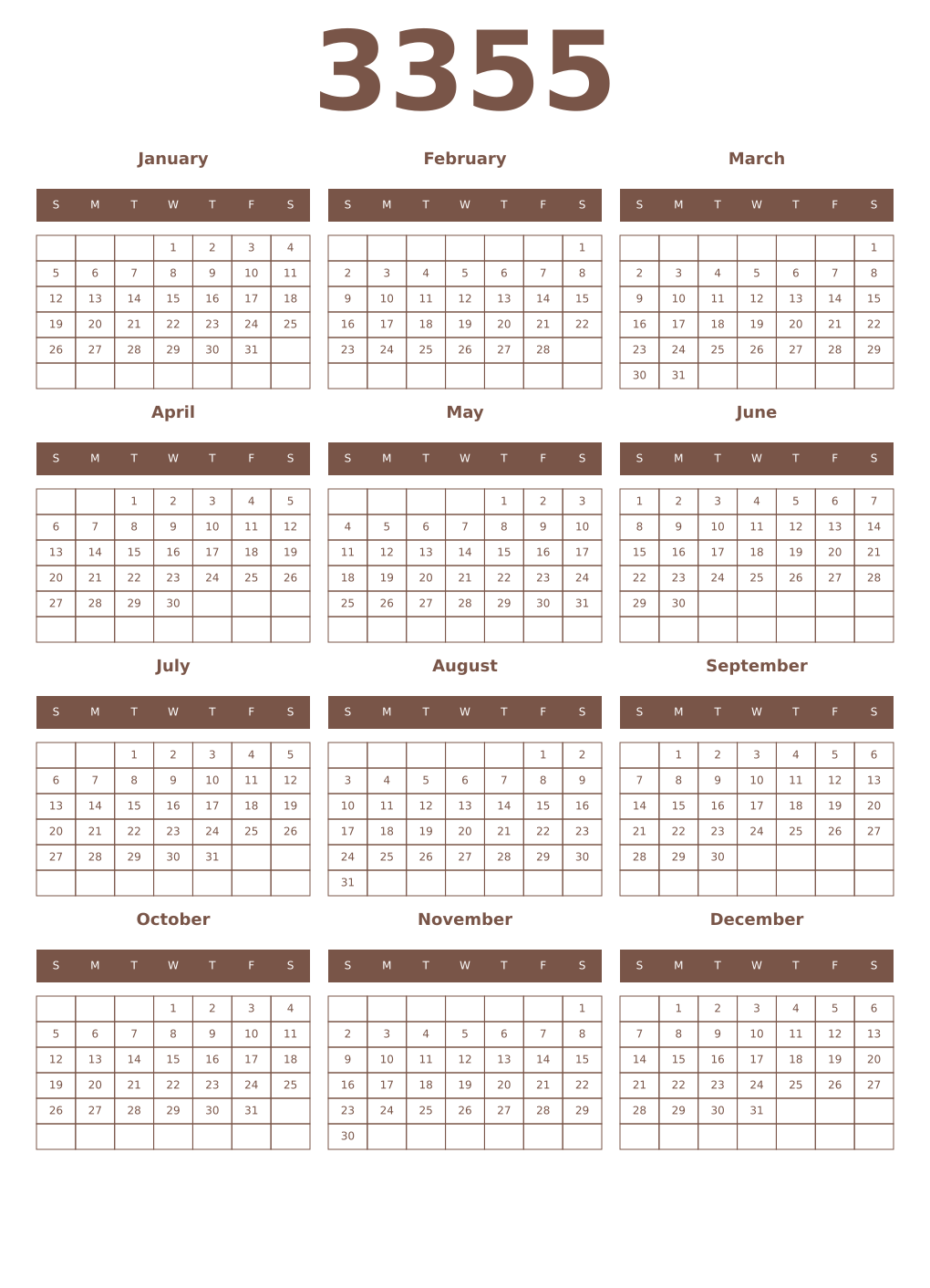Printable 3355 Year Calendars coffe