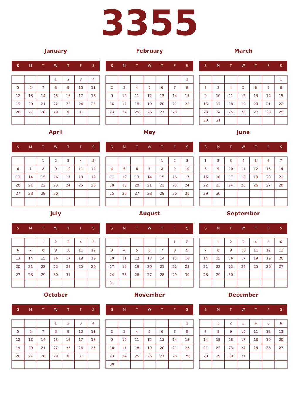 Printable 3355 Year Calendars falu