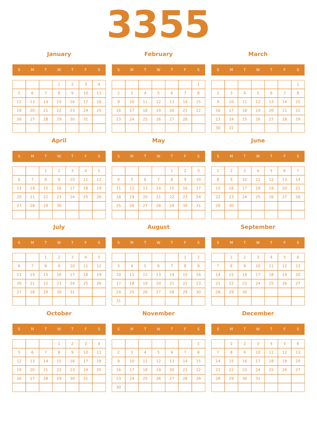 Printable 3355 Year Calendars orange