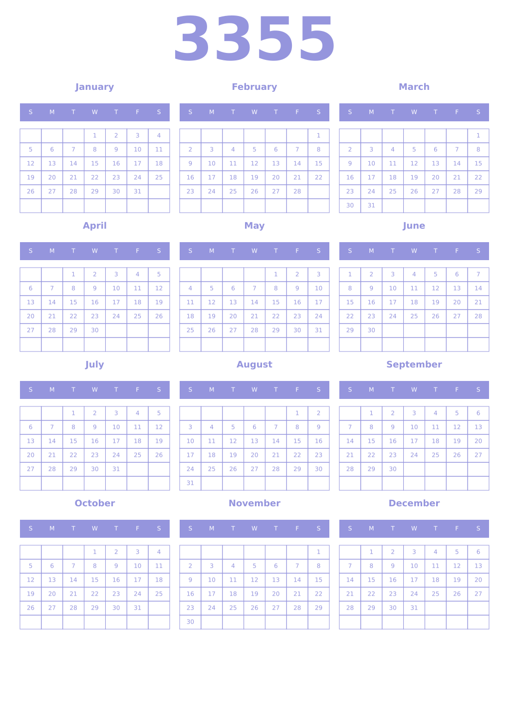 Printable 3355 Year Calendars periwinkle