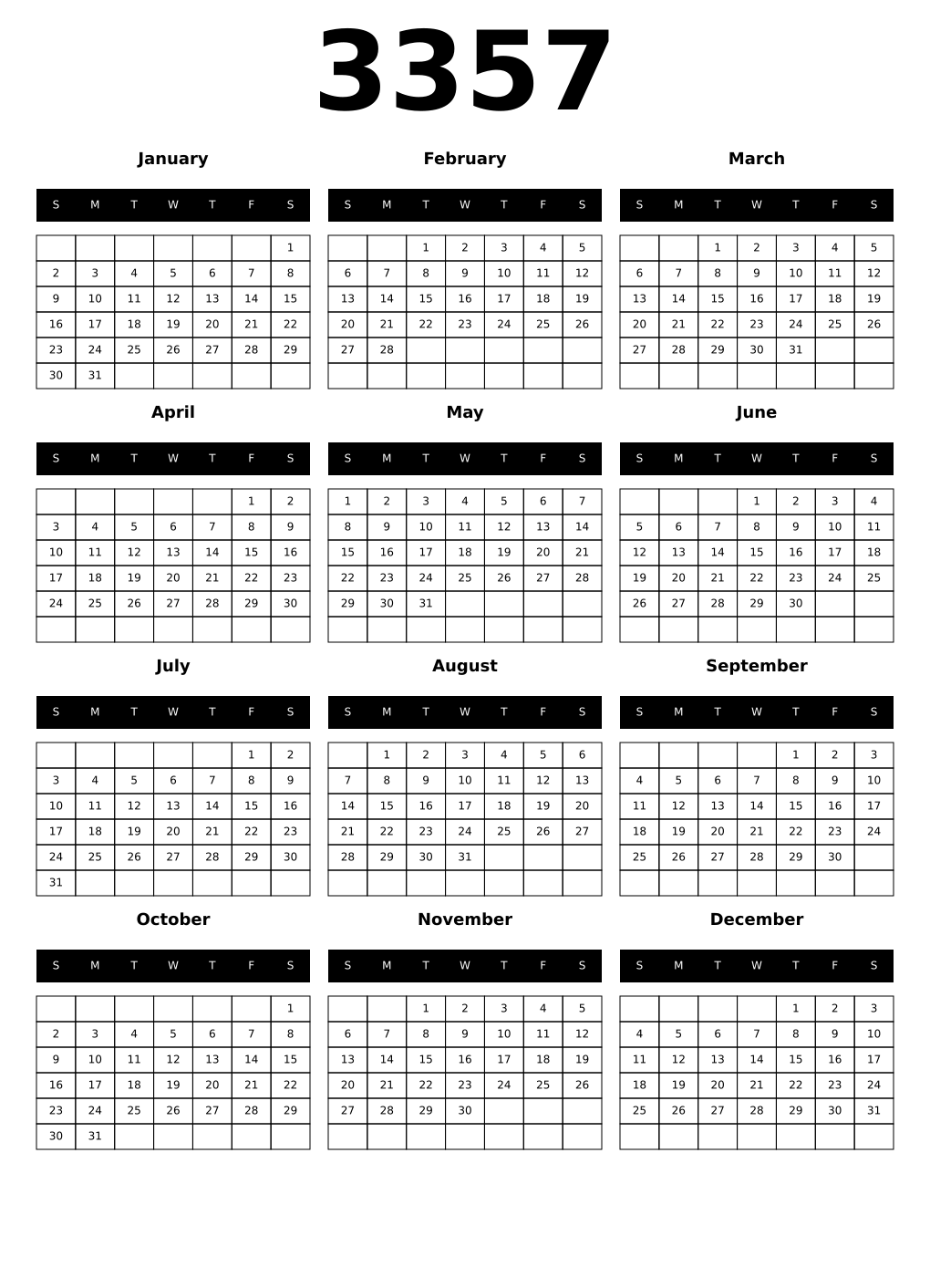 Printable 3357 Year Calendars black