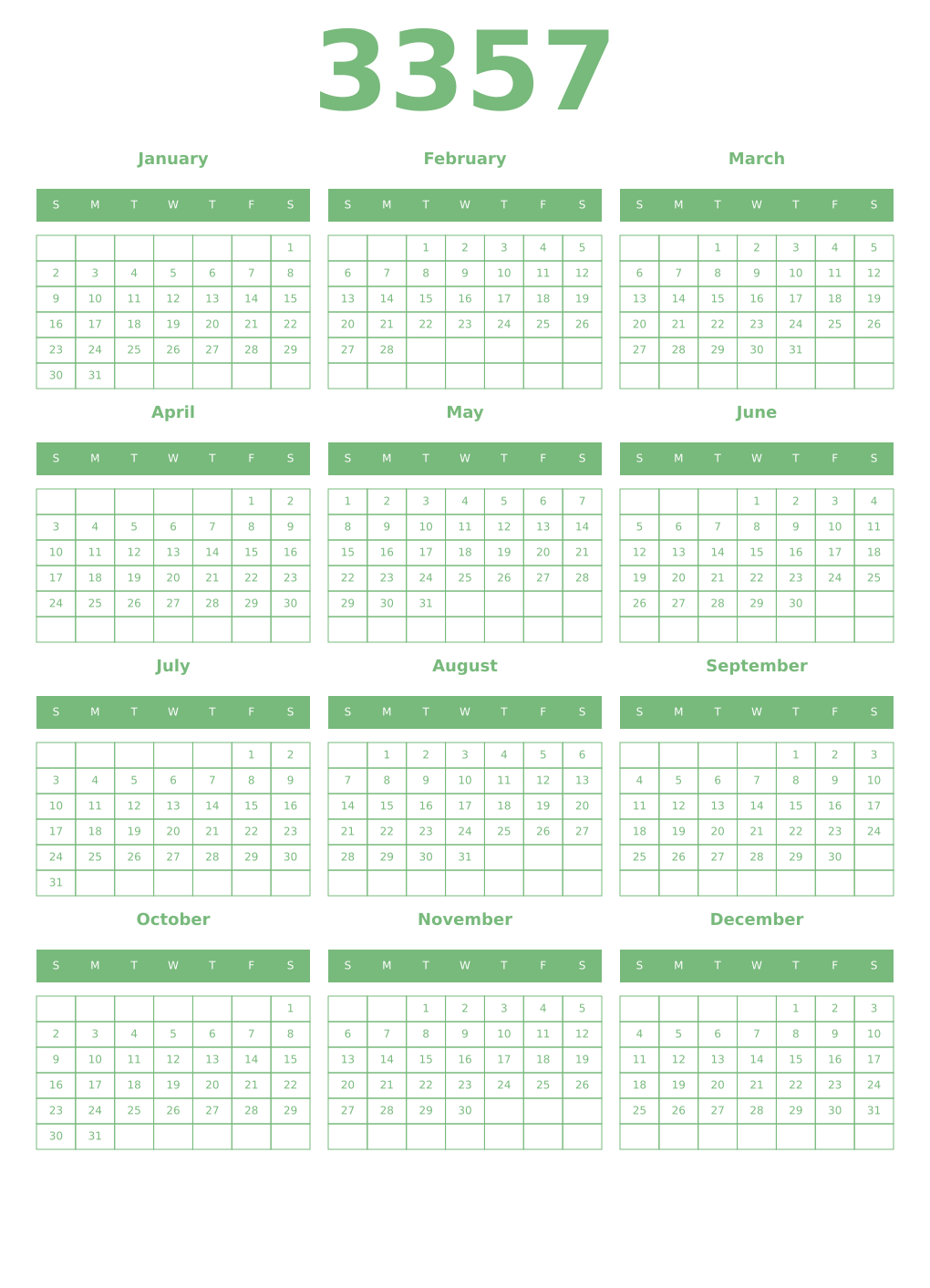 Printable 3357 Year Calendars celadon